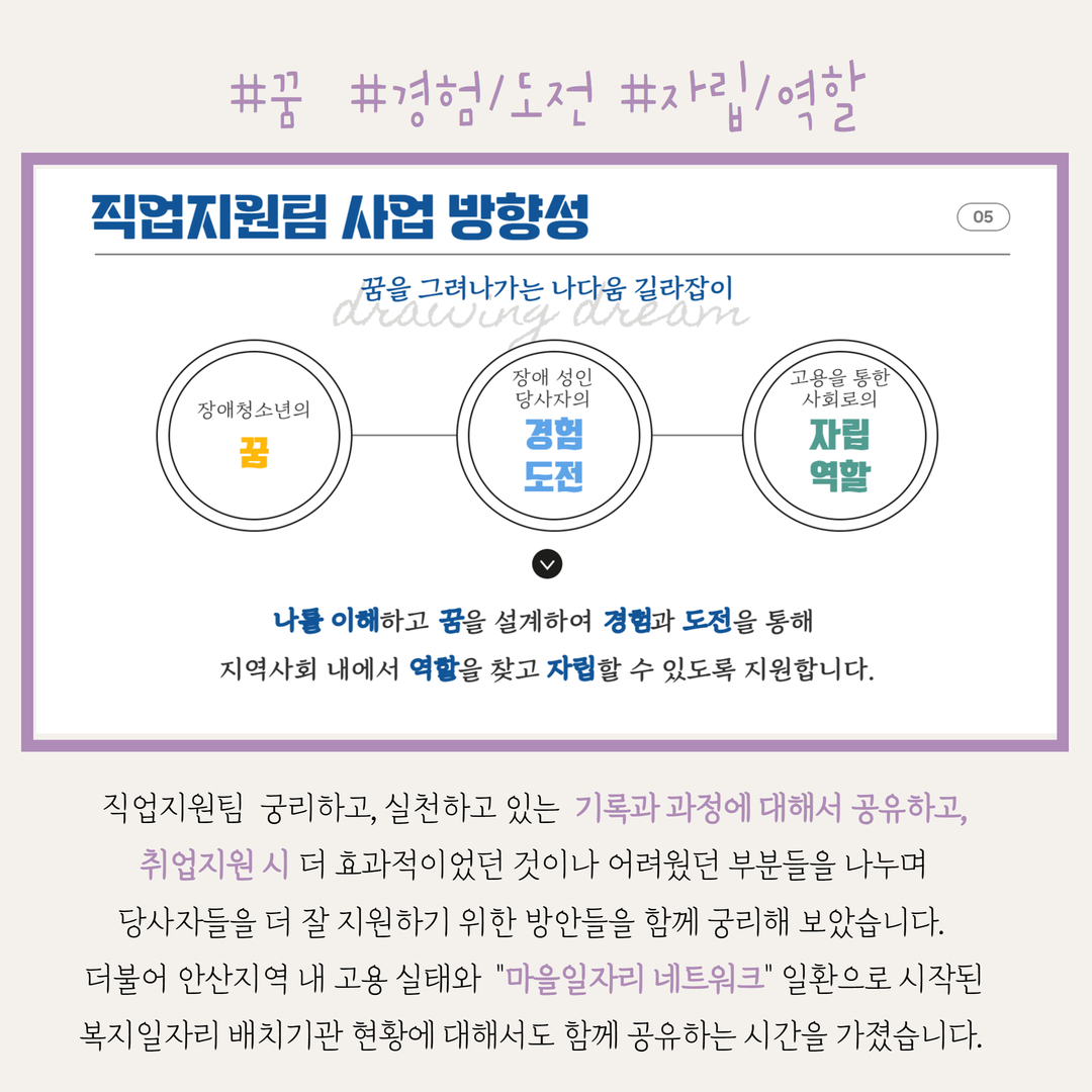 직업지원팀  궁리하고, 실천하고 있는  기록과 과정에 대해서 공유하고, 취업지원 시 더 효과적이었던 것이나 어려웠던 부분들을 나누며 당사자들을 더 잘 지원하기 위한 방안들을 함께 궁리해 보았습니다. 더불어 안산지역 내 고용 실태와  "마을일자리 네트워크" 일환으로 시작된 복지일자리 배치기관 현황에 대해서도 함께 공유하는 시간을 가졌습니다. 